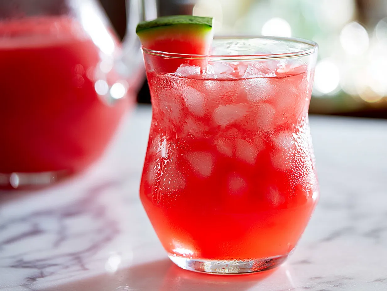 A close-up hero shot of a curved glass filled with bright pink watermelon agua fresca and crushed ice, sitting on a white marble surface. The outside of the glass is covered in frosty condensation droplets, and a fresh watermelon slice rests on the rim, with a soft-focus pitcher of the drink visible in the background.