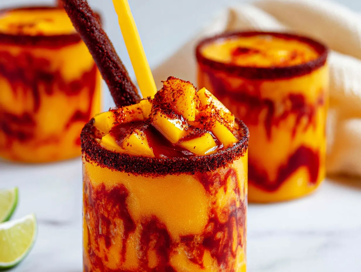 A close-up of a vibrant golden mango chamoy mocktail in a glass with a thick, dark red chile-lime salt rim. The drink is heavily marbled with deep red chamoy sauce and topped with fresh mango cubes, extra Tajín, a tamarind candy straw, and a yellow plastic straw. Additional mocktails and fresh lime wedges are visible in the soft-focus background.