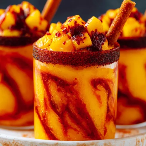 Three glasses of vibrant golden mango chamoy mocktails marbled with deep red chamoy streaks, featuring a thick Tajín rim and topped with fresh mango cubes, extra seasoning, and a tamarind candy straw, resting on a light-colored round tray.
