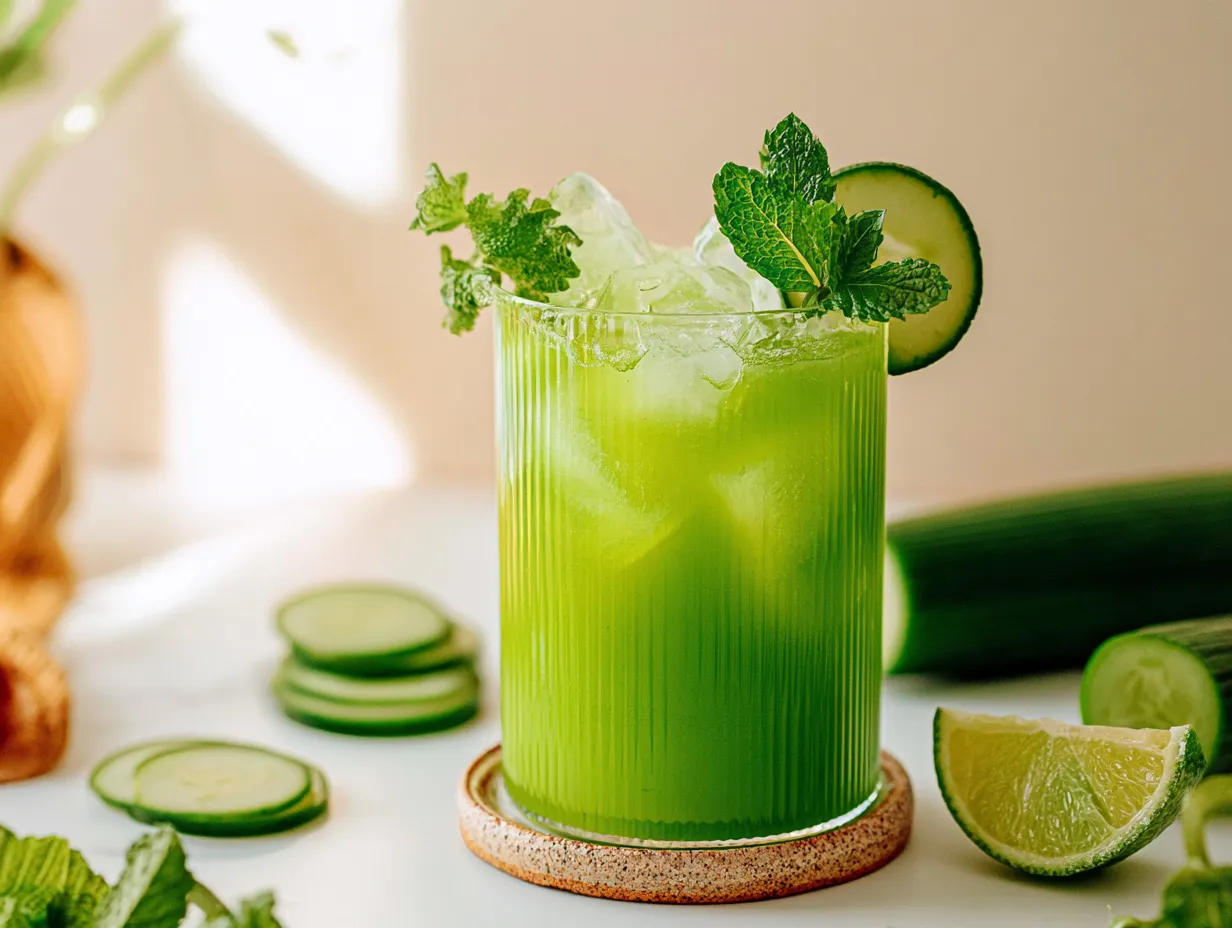A close-up shot of a single ribbed glass filled with vibrant green cucumber lime agua fresca over ice, garnished with fresh mint sprigs and a cucumber wheel on a white surface.