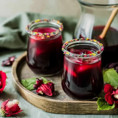 Two rounded glass jars filled with iced, ruby-red Hibiscus Agua Fresca featuring colorful sugared rims, resting on a rustic round wooden tray next to fresh red hibiscus blooms, green leaves, and a full glass pitcher.
