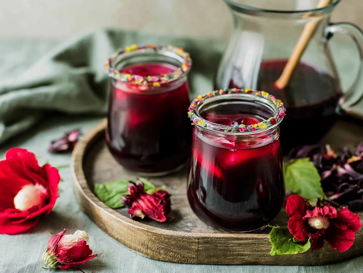 Two rounded glass jars filled with iced, ruby-red Hibiscus Agua Fresca featuring colorful sugared rims, resting on a rustic round wooden tray next to fresh red hibiscus blooms, green leaves, and a full glass pitcher.