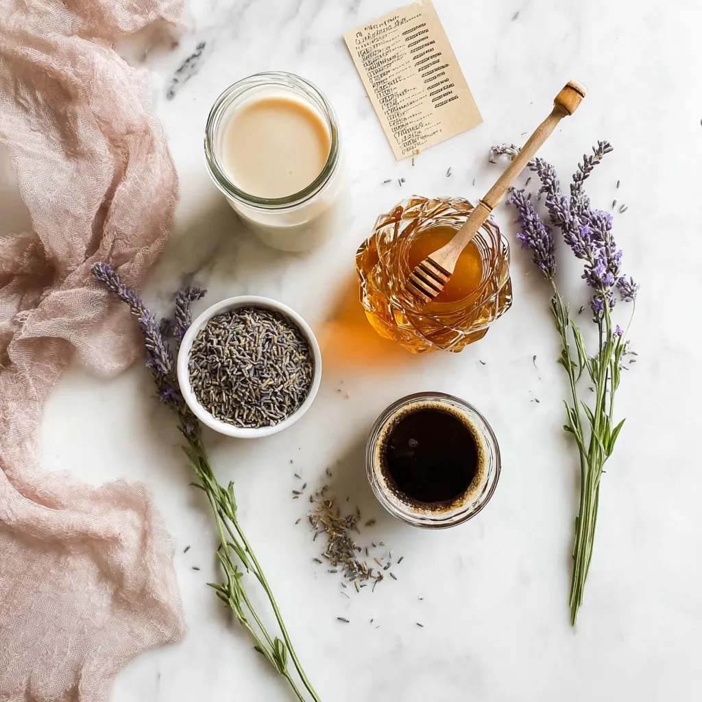 An overhead flat lay on a white marble surface displaying the ingredients for an iced honey lavender latte. The scene features a small white bowl of dried lavender buds, an ornate glass jar of honey with a wooden honey dipper resting inside, a jar of milk, a glass of dark espresso, fresh lavender sprigs, a handwritten recipe card, and a soft pink muslin cloth draped on the left edge.