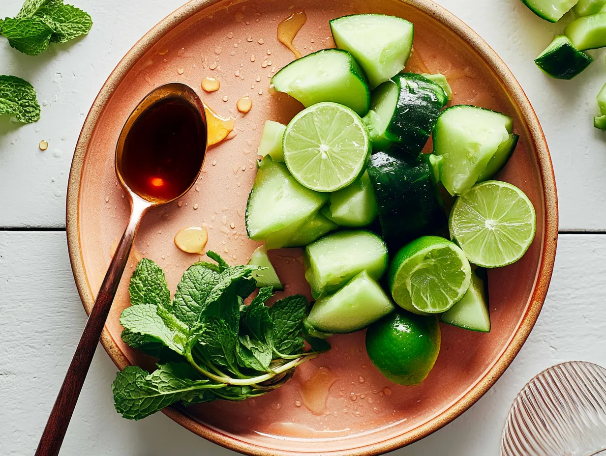 An overhead shot of cucumber lime agua fresca ingredients on a terracotta plate, including roughly chopped green cucumbers, halved fresh limes, a bundle of vibrant mint, and a spoonful of amber agave nectar.