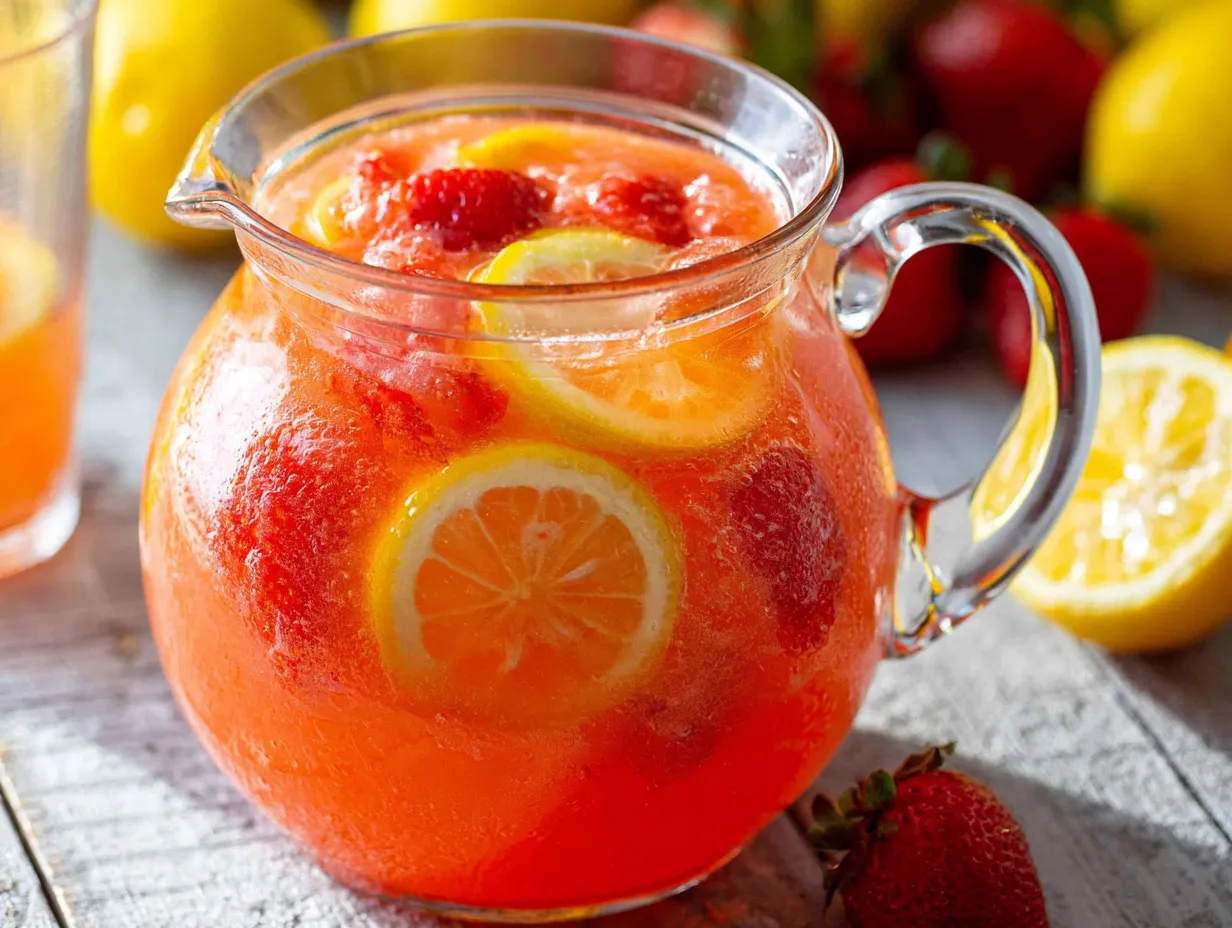 A close-up, slightly overhead angle of a clear glass condensation-covered pitcher filled with bright pink strawberry lemonade. The drink is packed with fresh strawberry pieces, yellow lemon slices, and ice. It rests on a rustic light-colored wooden table in bright sunlight, surrounded by scattered fresh strawberries and whole lemons.