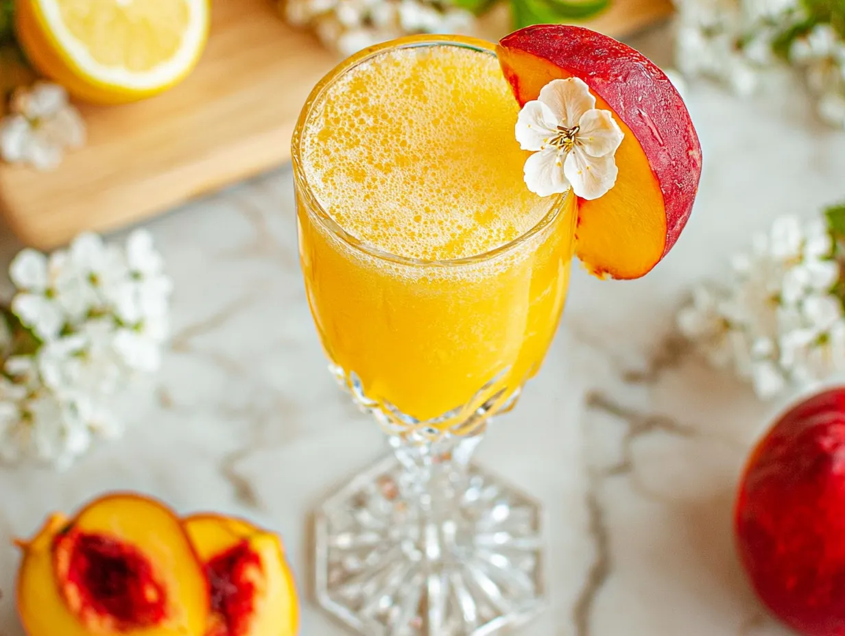 A close-up, slightly overhead shot of a bubbly, golden Peach Bellini mocktail served in an elegant crystal glass on a light marble surface. The sparkling drink is garnished with a fresh peach slice and a small white blossom, with fresh halved peaches and lemons visible in the background.