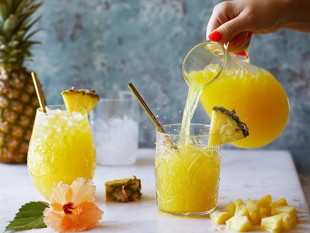 pouring bright yellow pineapple agua fresca A close-up action shot of a hand with red nail polish pouring bright yellow pineapple agua fresca from a clear glass pitcher into an ornate, textured glass. The glass is filled with crushed ice, a sleek gold straw, and is garnished with a fresh pineapple wedge. The surrounding white countertop features a whole pineapple, a second filled glass, scattered pineapple chunks, and a peach-colored hibiscus flower against a textured blue background.