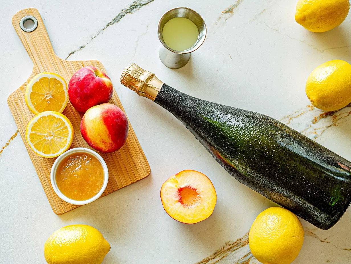An overhead flat lay of fresh Peach Bellini mocktail ingredients on a white marble counter, featuring a wooden board with whole peaches, lemon slices, and golden  peach puree, surrounded by a chilled green bottle, scattered lemons, a halved peach, and a metal jigger of juice.