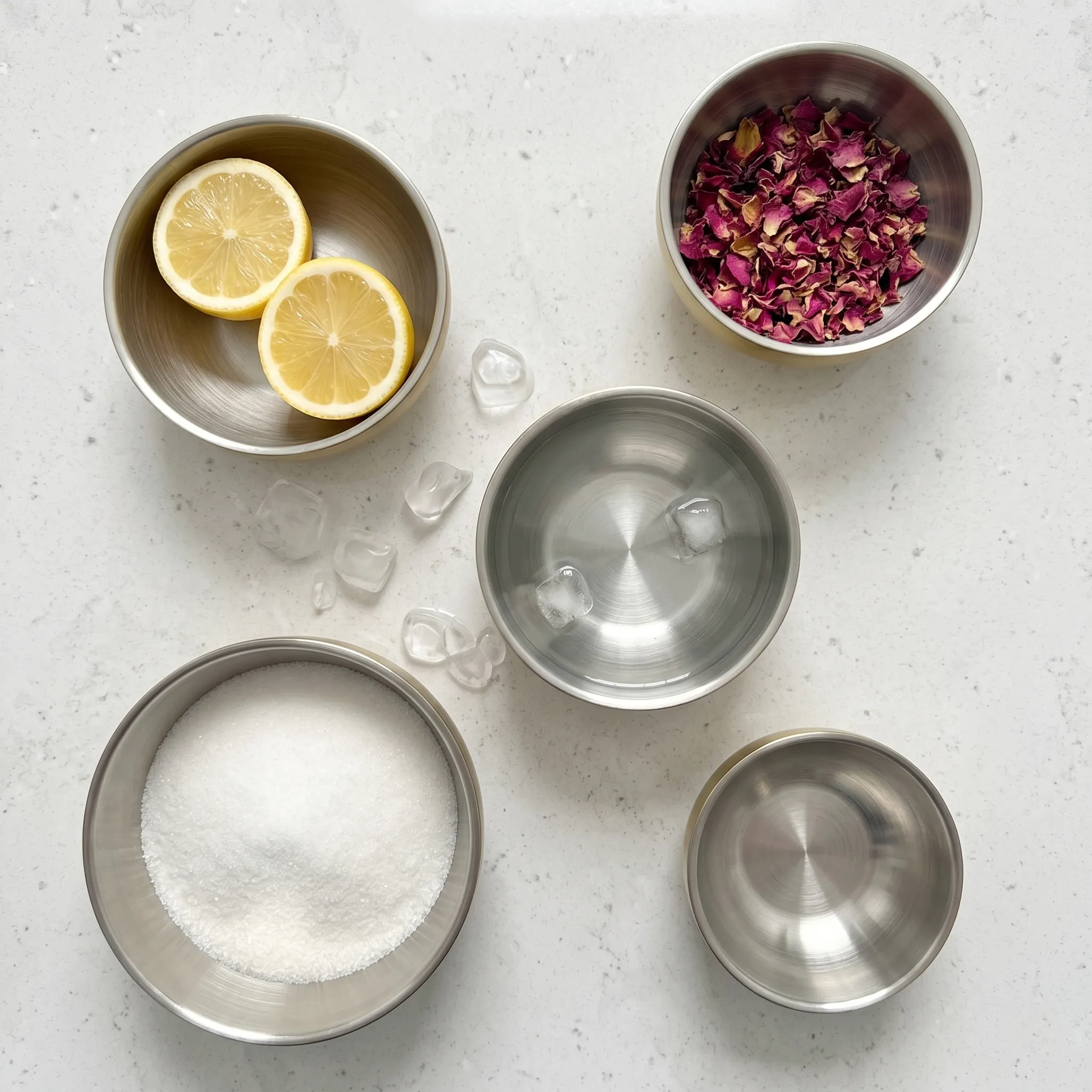 An overhead view of five metal bowls resting on a light speckled countertop. The bowls contain the individual ingredients for a mocktail: two fresh lemon halves, a mound of granulated white sugar, dried pink and red rose petals, clear water with a few ice cubes, and one empty bowl. A few extra ice cubes are scattered directly on the counter between the bowls.