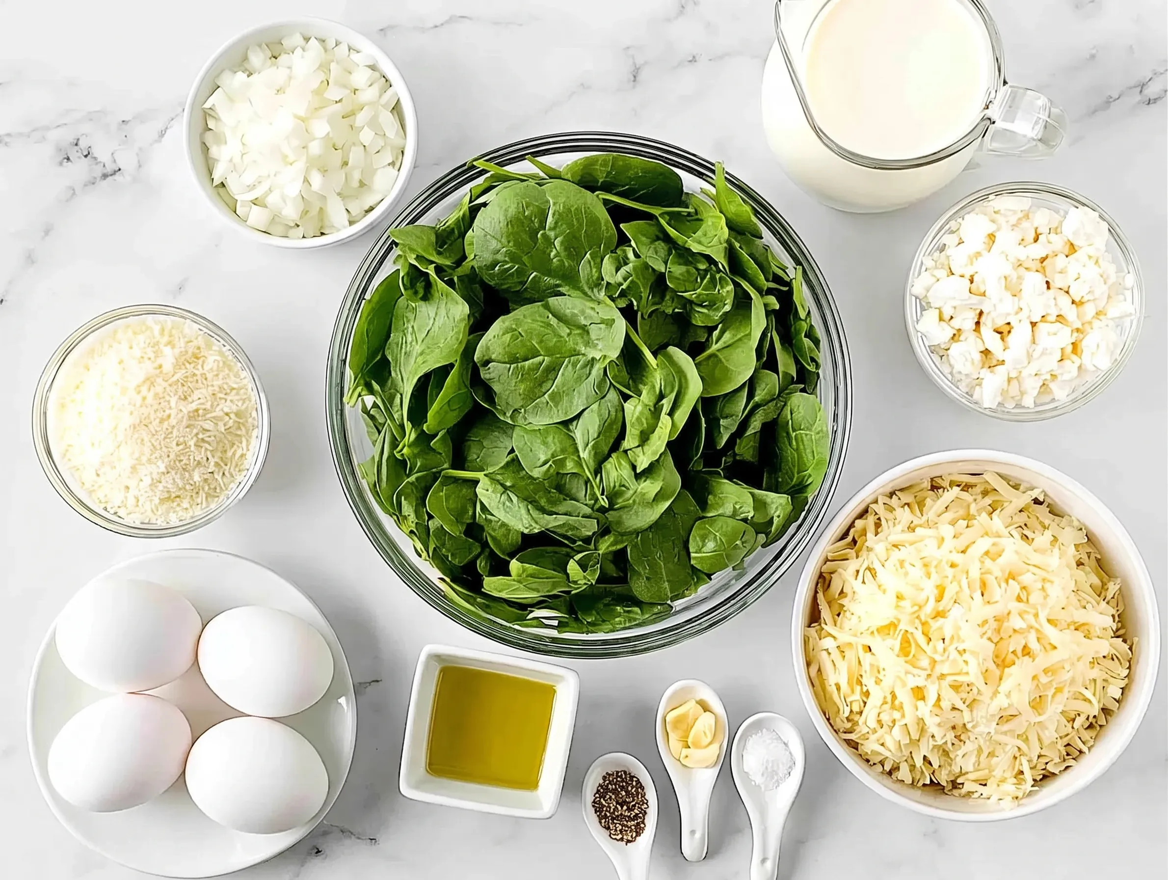 Overhead view of fresh ingredients for a crustless spinach quiche arranged on a white marble countertop, featuring a large bowl of fresh spinach, four eggs, a pitcher of milk, shredded Gruyère, crumbled feta, grated Parmesan, chopped onions, olive oil, garlic, salt, and pepper.