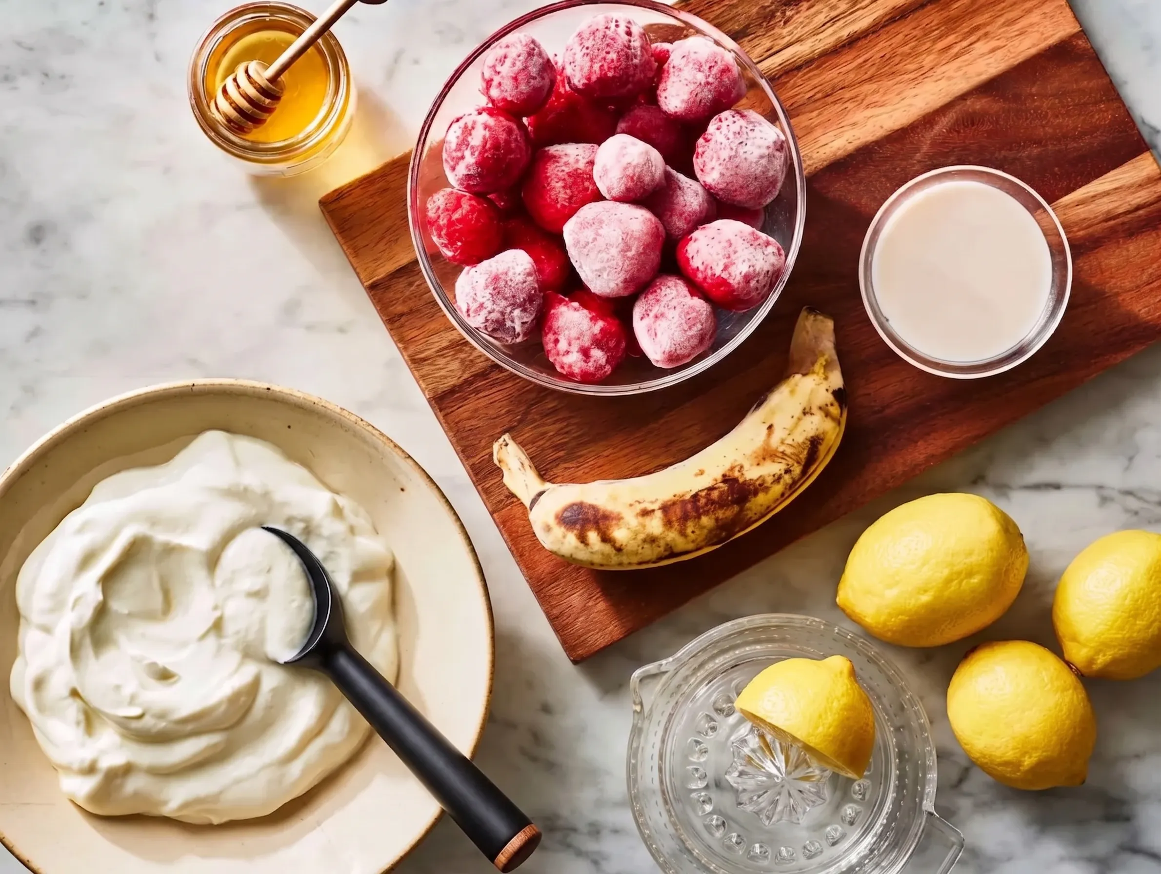 A flat-lay photograph of fresh smoothie ingredients arranged neatly on a grey marble countertop. A clear glass bowl filled with frosted frozen strawberries sits on a wooden cutting board next to a single ripe banana and a small glass of milk. Surrounding the board is a small jar of amber honey with a wooden dipper, a beige ceramic bowl holding thick Greek yogurt with a black spoon, and several whole yellow lemons resting next to a glass citrus juicer.