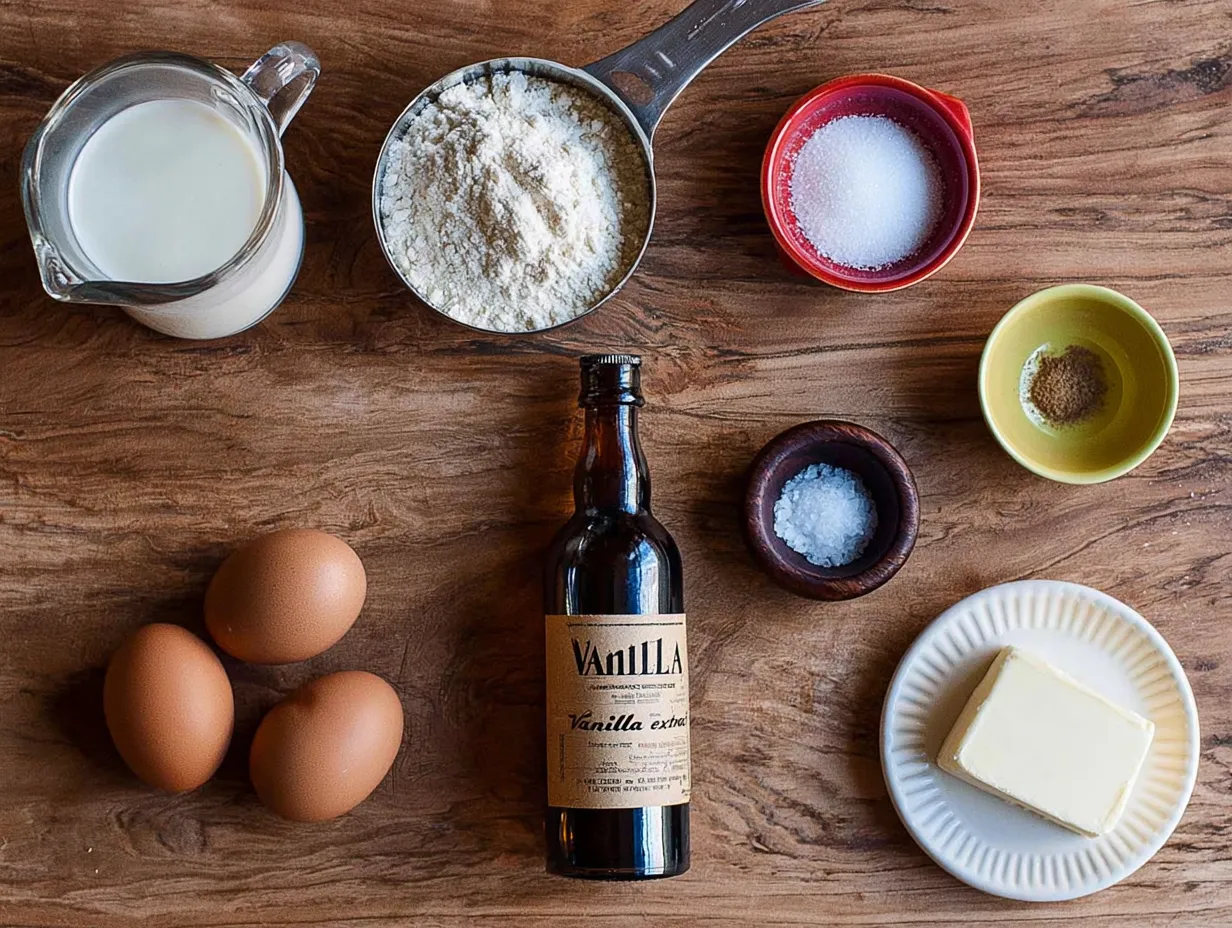 Overhead view of Dutch baby pancake ingredients laid out on a rustic wooden table, featuring a pitcher of milk, a measuring cup of flour, a small bowl of sugar, coarse salt, a stick of butter, three brown eggs, and a vintage-style bottle of vanilla extract.