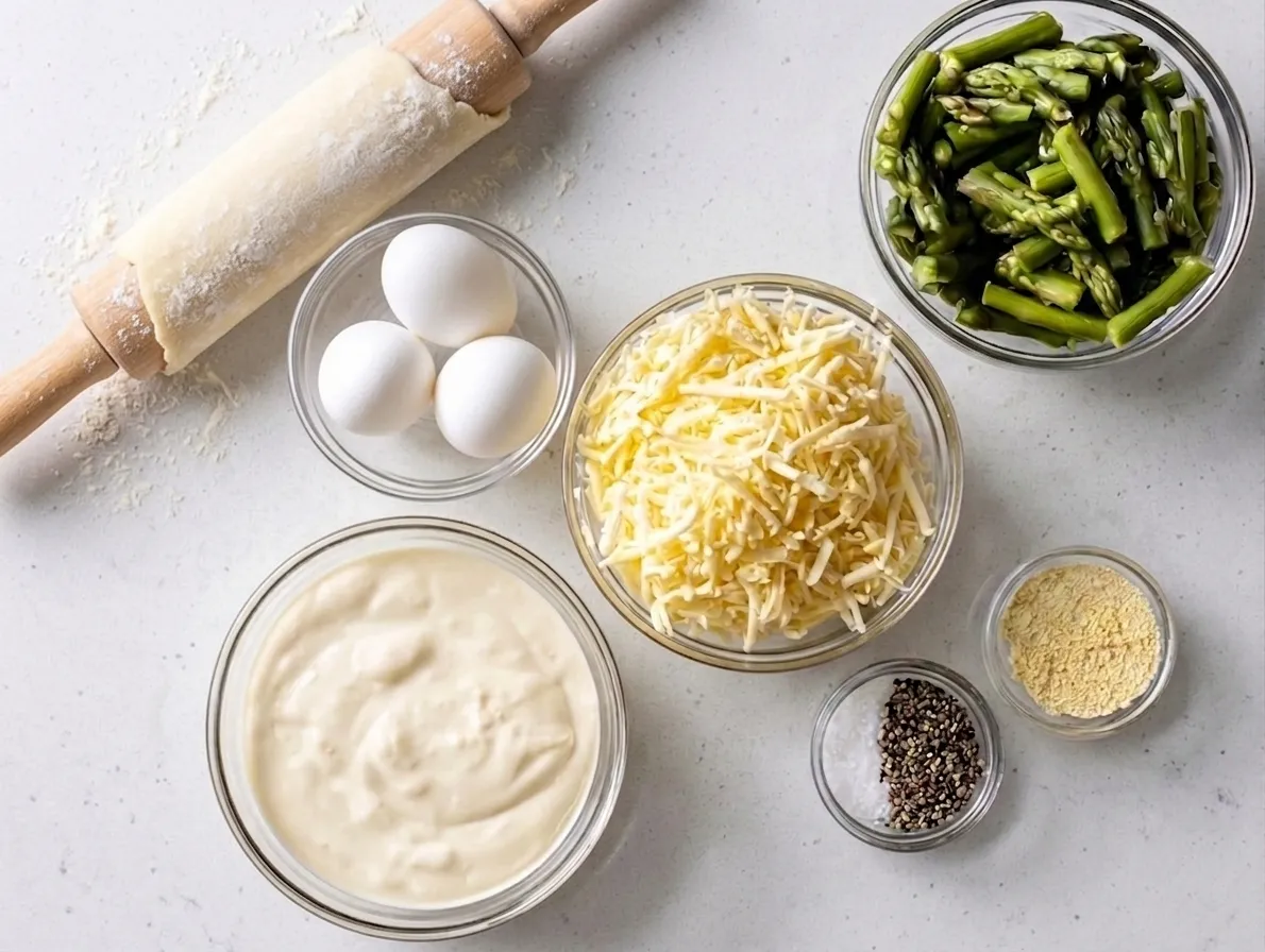 An overhead view of ingredients for asparagus quiche arranged on a white countertop, including bowls of chopped green asparagus, shredded Gruyère cheese, heavy cream, three white eggs, seasonings, and a wooden rolling pin wrapped with pie dough.