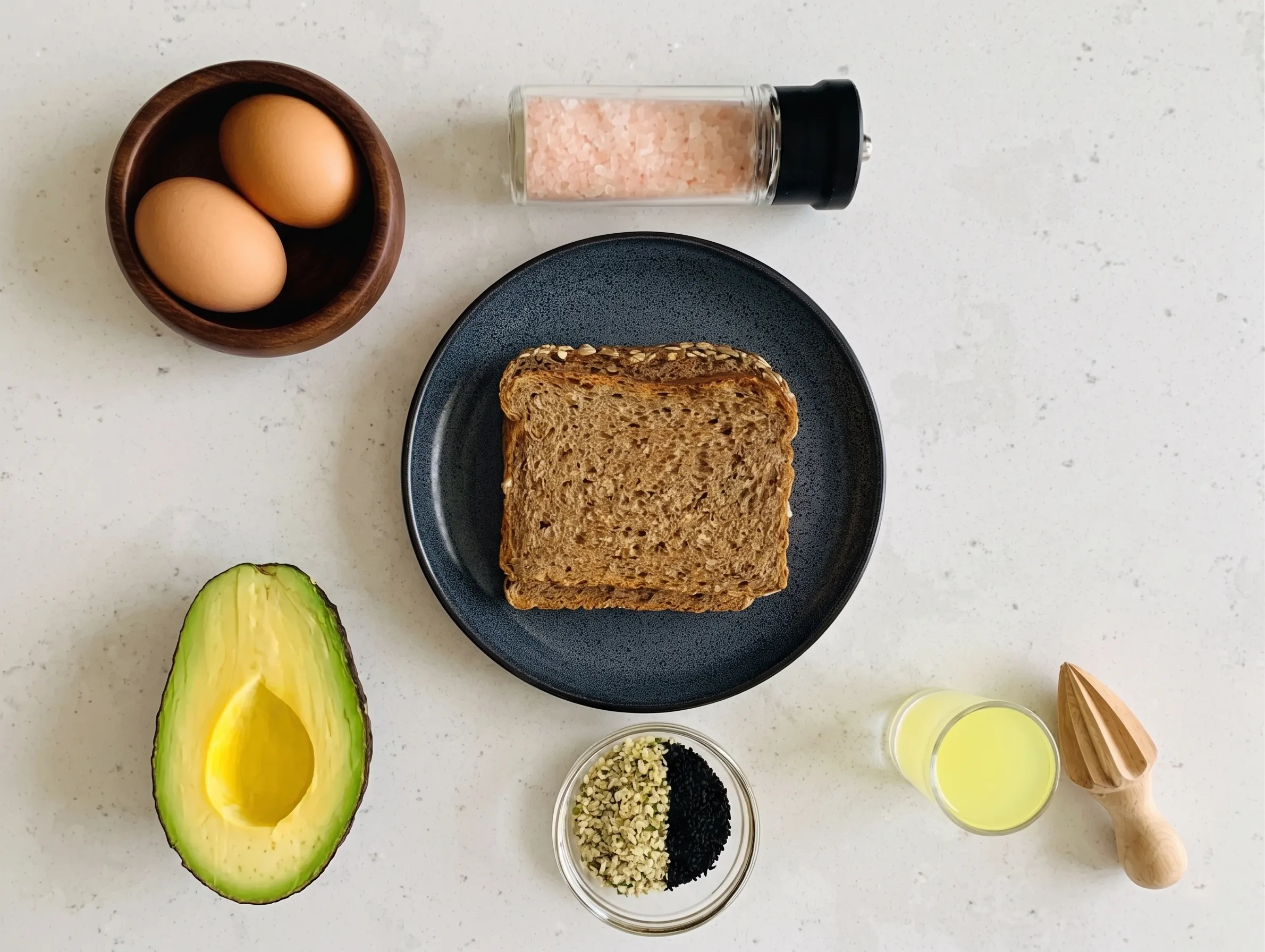 Overhead layout of avocado toast with poached egg ingredients on a white speckled surface, featuring two brown eggs in a small bowl, pink salt grinder, two slices of whole-grain bread on a dark plate, a halved avocado, mixed seeds, and fresh lemon juice with a wooden reamer.
