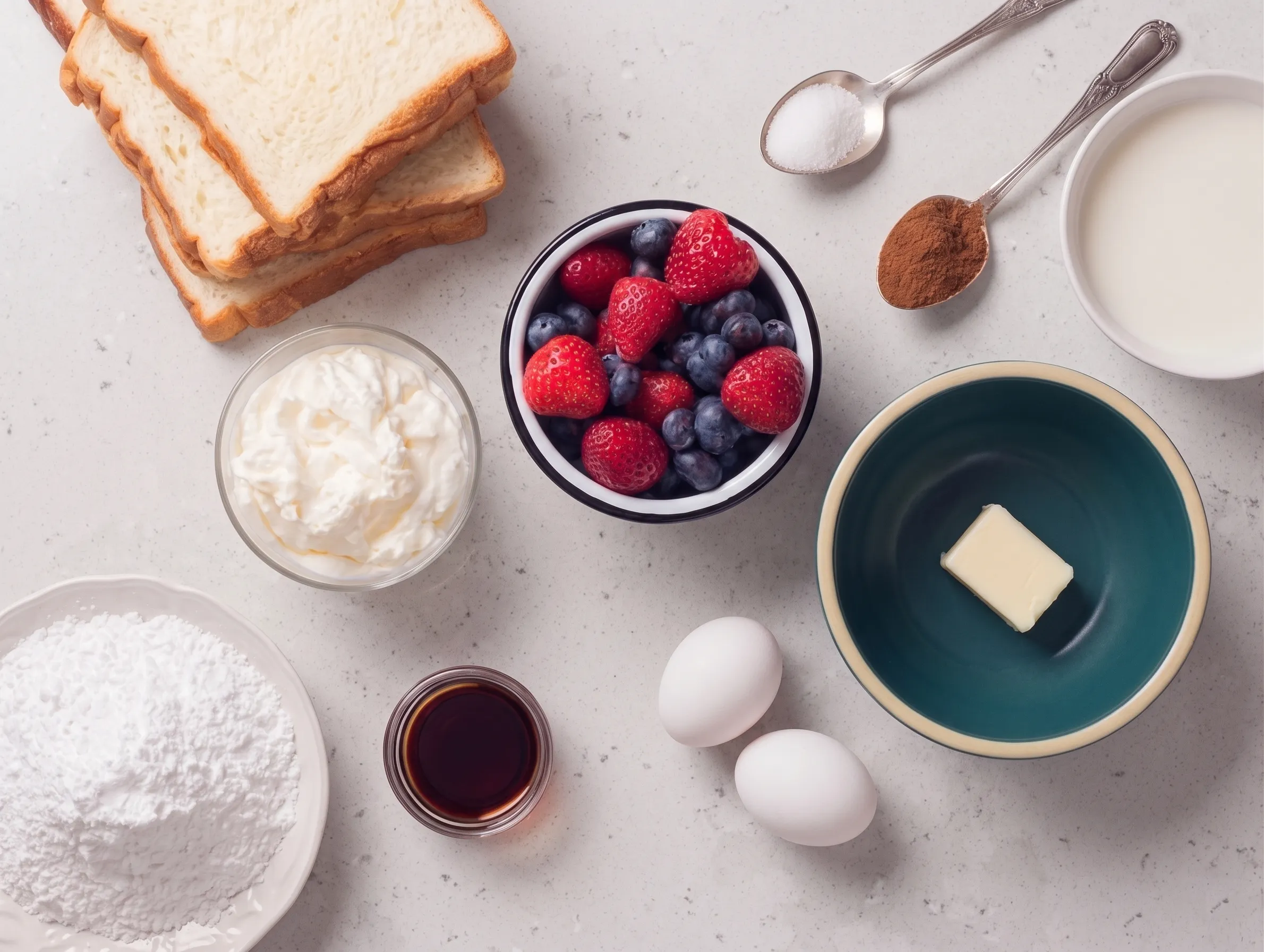 A top-down view of beautifully arranged ingredients for cream cheese stuffed French toast on a light countertop, including thick-cut bread slices, cream cheese, fresh strawberries and blueberries, eggs, milk, butter, powdered sugar, cinnamon, and vanilla extract.