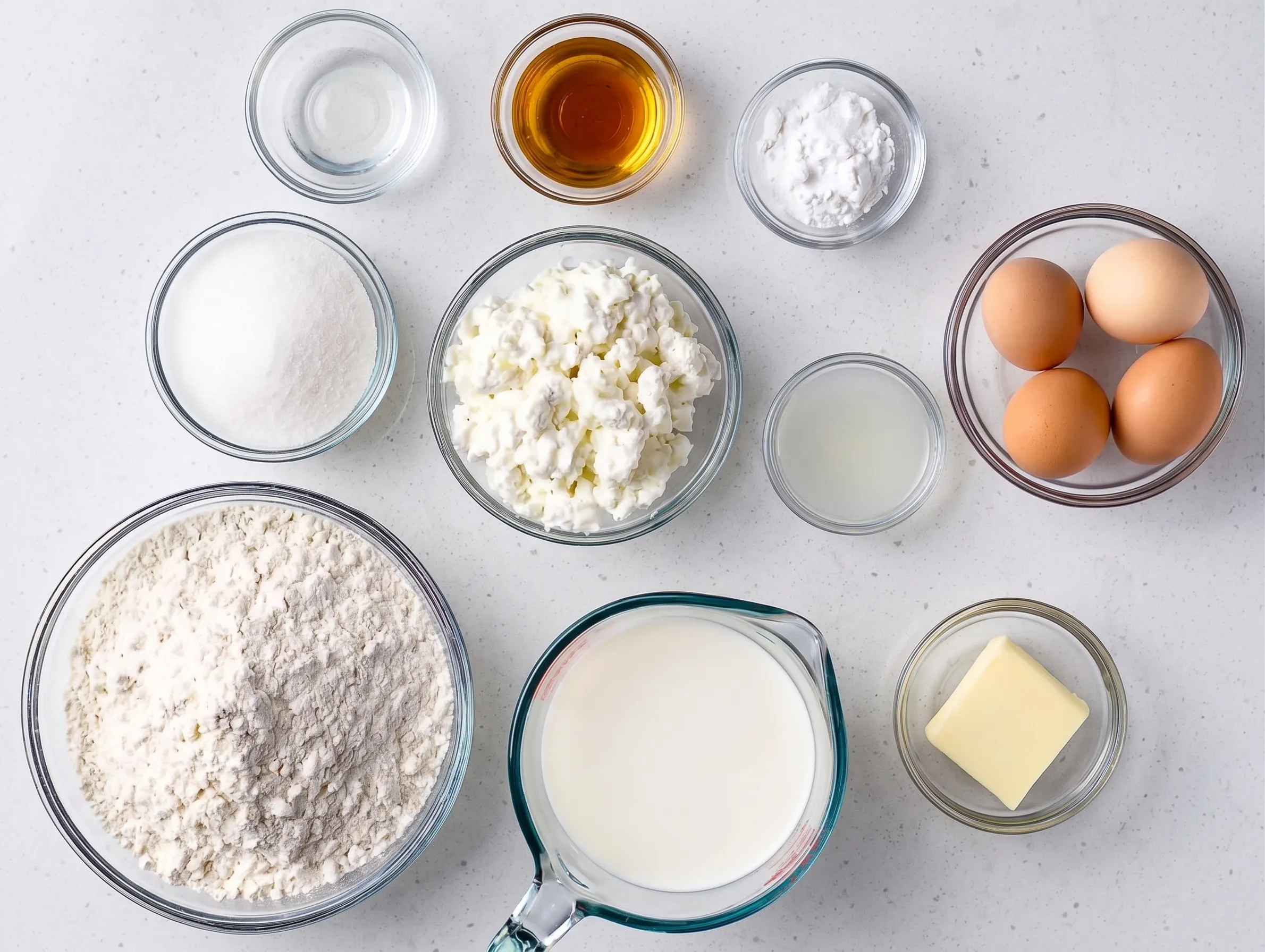 Overhead view of prepped ingredients for ricotta pancakes arranged in glass bowls on a white countertop, featuring flour, milk, ricotta cheese, brown eggs, sugar, butter, and vanilla extract.