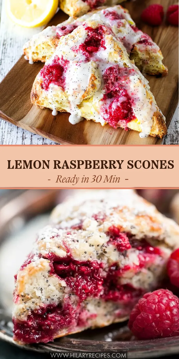 A vertical Pinterest graphic featuring two photos of flaky lemon raspberry scones bursting with red berries. The top image shows glazed scones on a wooden board, while the bottom shows a close-up of the jammy, crumbly interior. Text in the middle reads "Lemon Raspberry Scones - Ready in 30 Min -