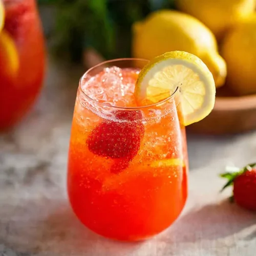Strawberry Lemonade in a Glass with Strawberries