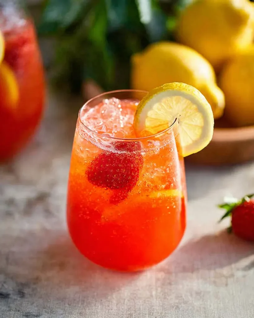 Strawberry Lemonade in a Glass with Strawberries