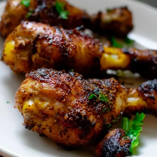 Close-up of juicy, grilled chicken drumsticks with a crispy, dark-seasoned crust, garnished with fresh green parsley on a white plate.