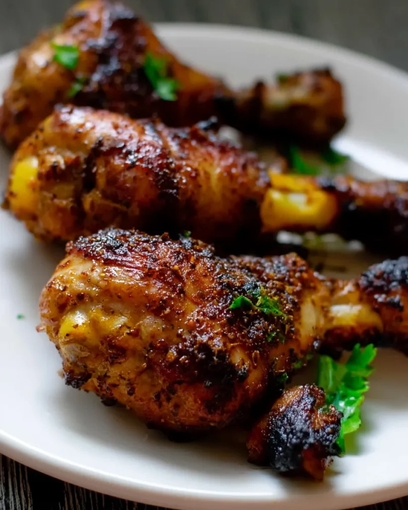 Close-up of juicy, grilled chicken drumsticks with a crispy, dark-seasoned crust, garnished with fresh green parsley on a white plate.