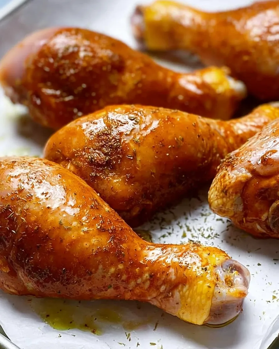 Close-up of raw chicken drumsticks coated in a glossy, reddish-orange marinade and sprinkled with dried herbs, resting on white parchment paper.
