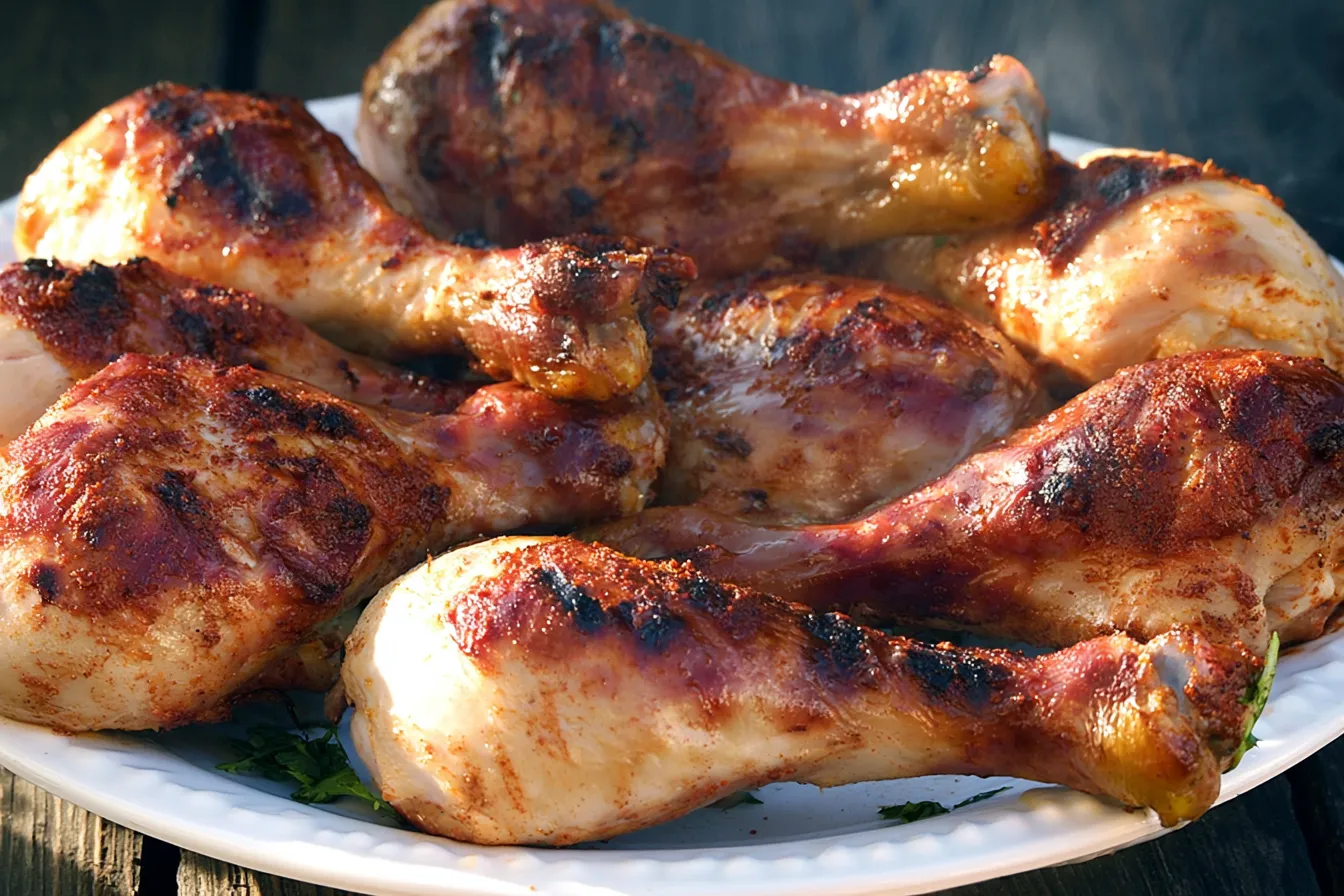 A close-up of a white plate piled high with freshly grilled chicken drumsticks showing dark char marks, resting on a rustic wooden table outdoors in bright sunlight.