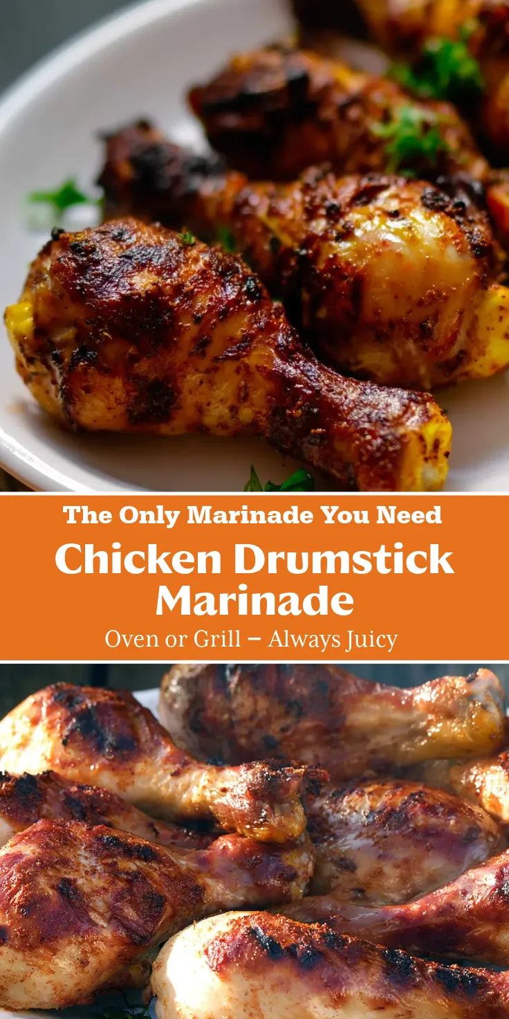 A vertical recipe graphic split into three sections. The top shows a close-up of deeply browned, seasoned chicken drumsticks on a white plate garnished with parsley. The middle is an orange banner with white text reading, "The Only Marinade You Need, Chicken Drumstick Marinade, Oven or Grill — Always Juicy." The bottom shows a pile of freshly grilled chicken drumsticks with char marks on a plate outdoors in the sun.