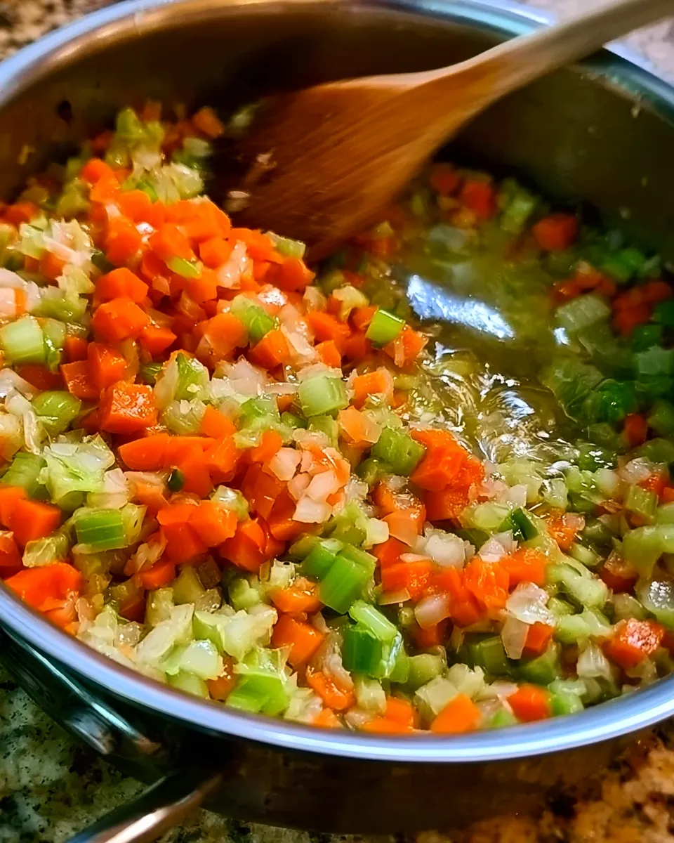 Sautéed diced carrots, celery, and onions in a saucepan, golden and colorful mixture, steaming softly.