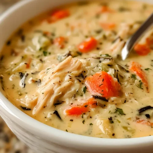 Chicken and Wild Rice Soup, herbs, and rice, served in a white bowl, garnished for presentation.