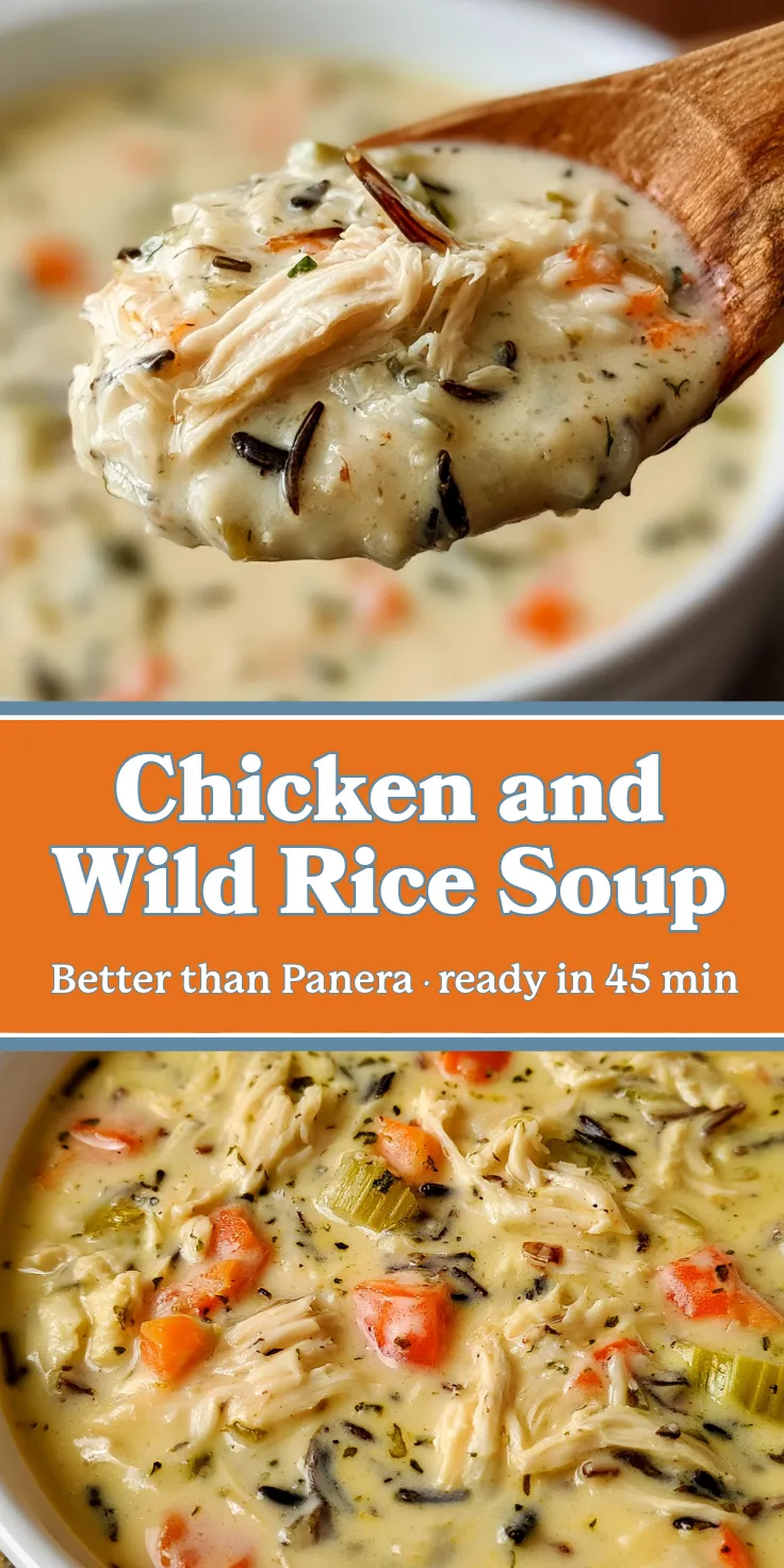 Creamy chicken and wild rice soup with carrots, celery, and herbs; served in a bowl with a wooden spoon.