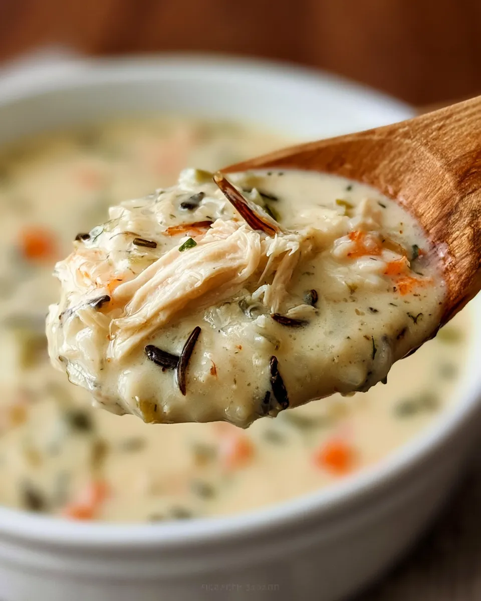 Creamy chicken soup with vegetables, served in a bowl, featuring shredded chicken and herbs.