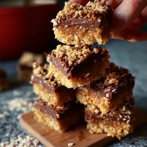 No-bake layered dessert bars with oats, chocolate, and caramel, topped with crushed oats, cut into squares.
