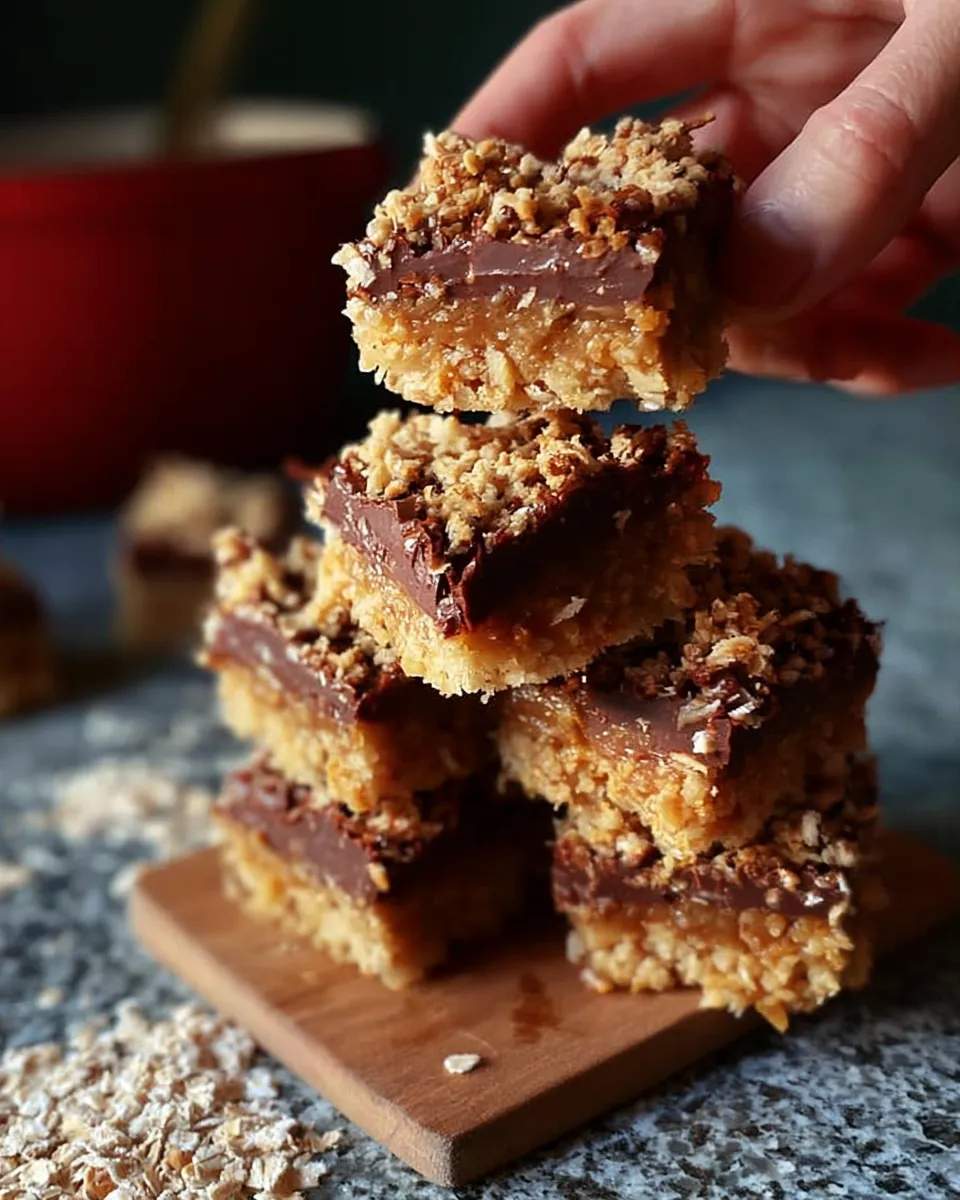 No-bake layered dessert bars with oats, chocolate, and caramel, topped with crushed oats, cut into squares.