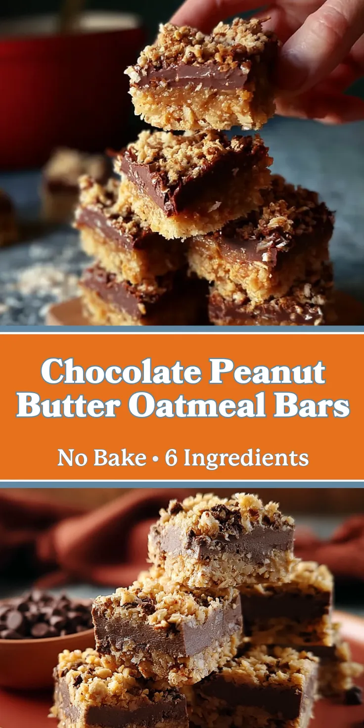 No-bake chocolate peanut butter oatmeal bars stacked, featuring layers of chocolate and oats, golden brown and textured.