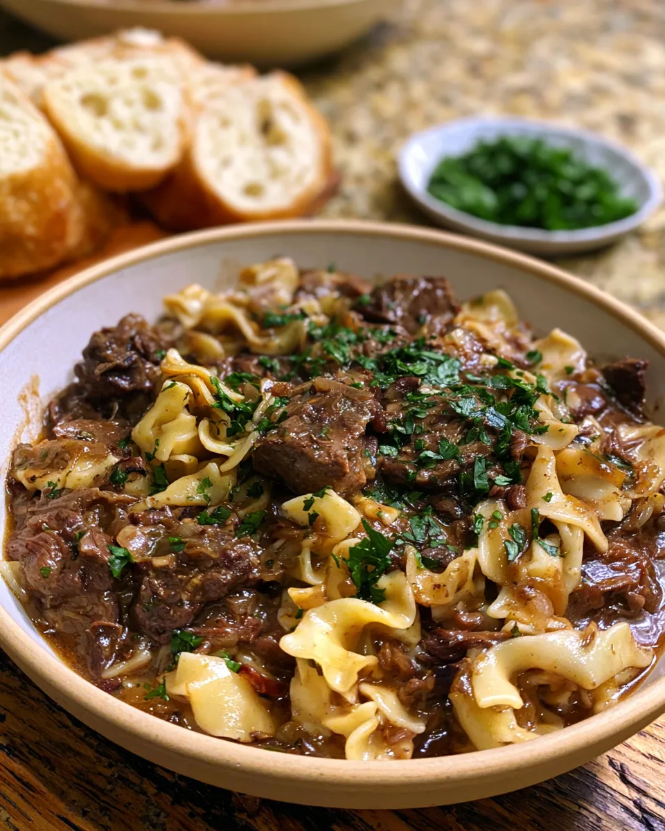A shallow bowl filled with Crock Pot Beef and Noodles covered in a rich brown gravy and garnished with chopped parsley, with slices of crusty bread in the softly blurred background.