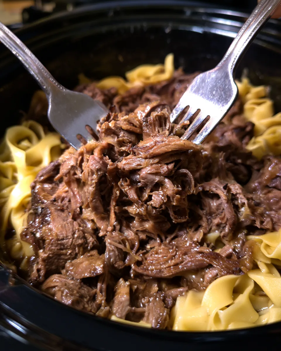 Close-up of two silver forks shredding tender, slow-cooked beef over a bed of egg noodles inside a black crock pot.