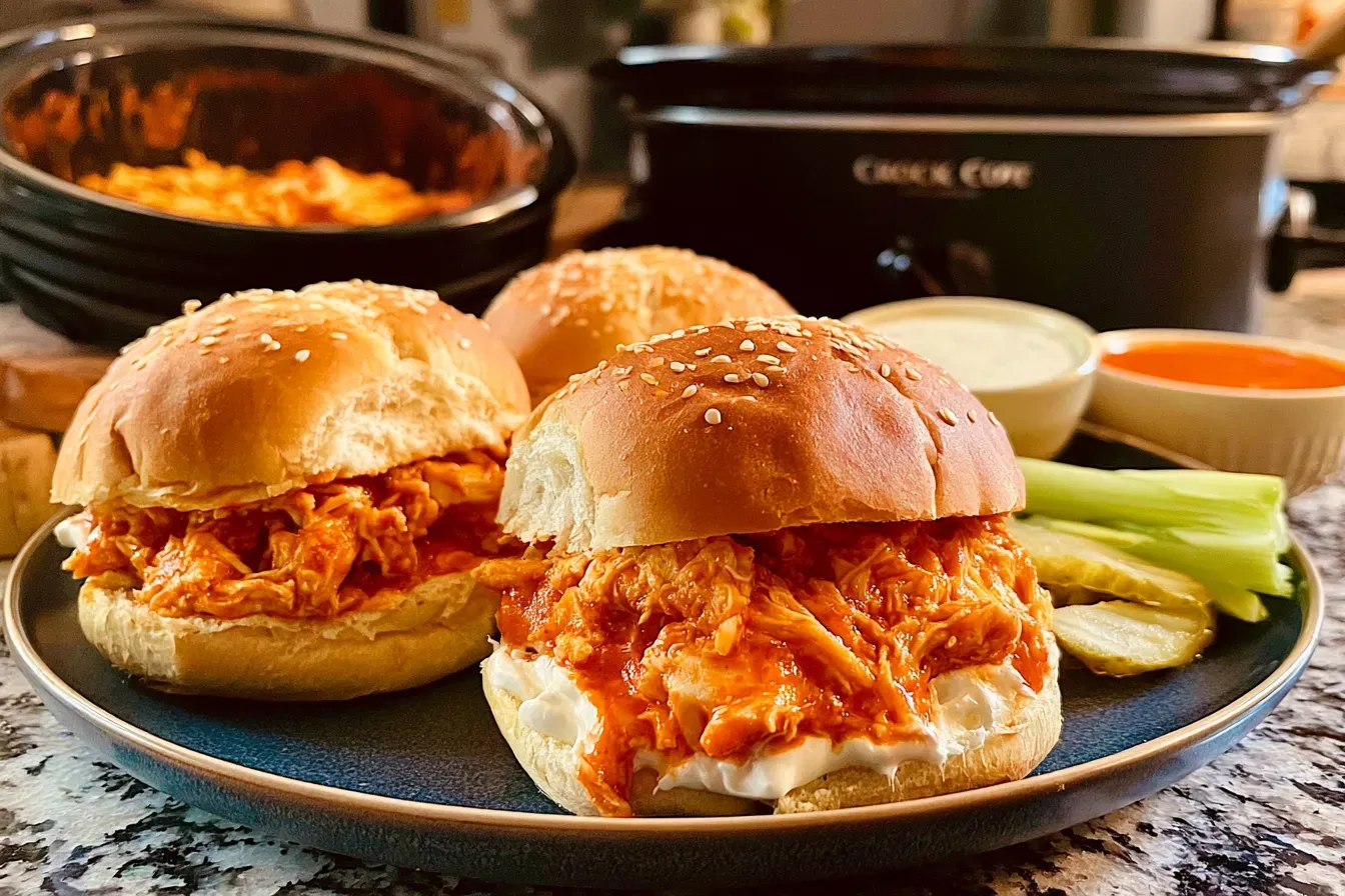 Crock-Pot-Buffalo-Chicken-4_result-1 Plate of two sloppy joe sandwiches served on buns and garnished with chopped celery and carrots on a black plate.