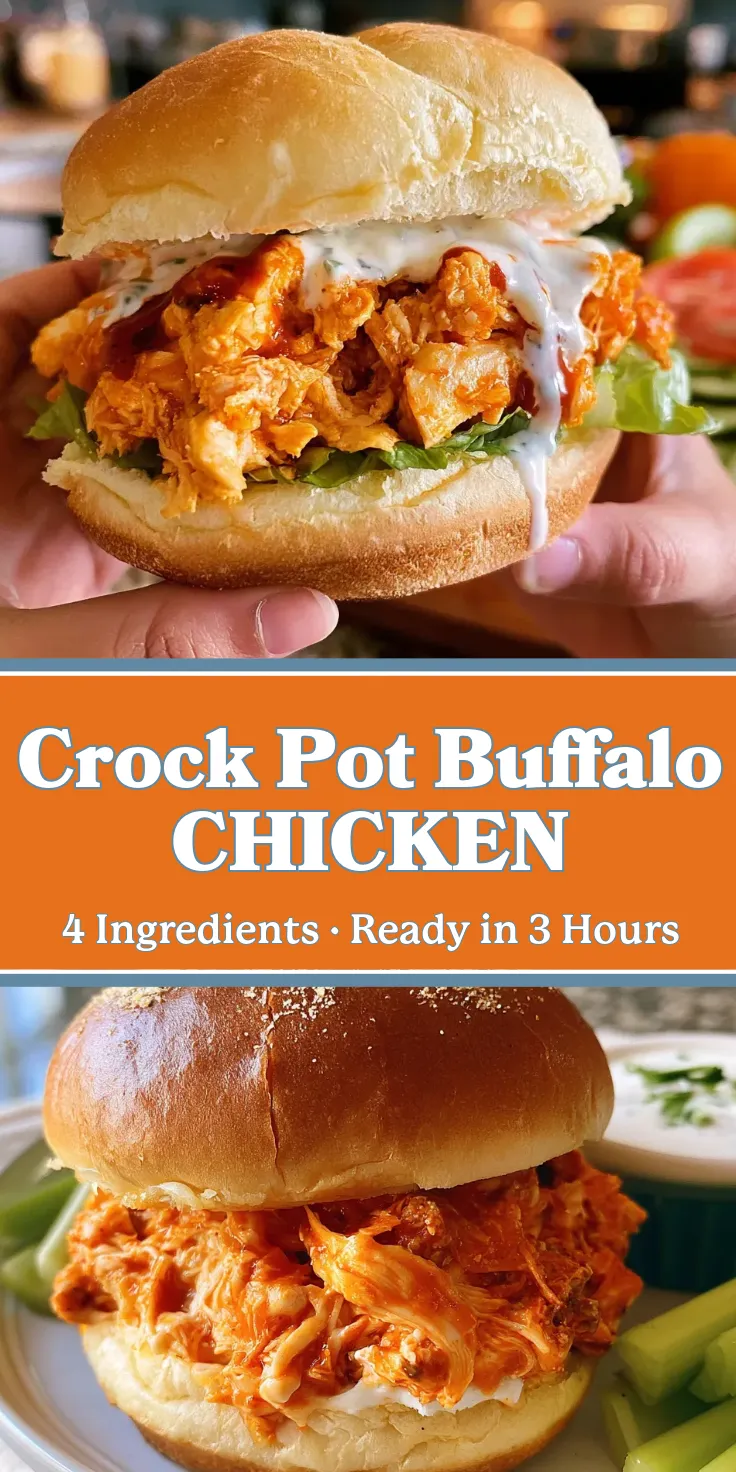 Crock-Pot-Buffalo-Chicken-PIN Crock Pot Buffalo Chicken sandwich with shredded orange chicken, lettuce, and white sauce on a soft bun