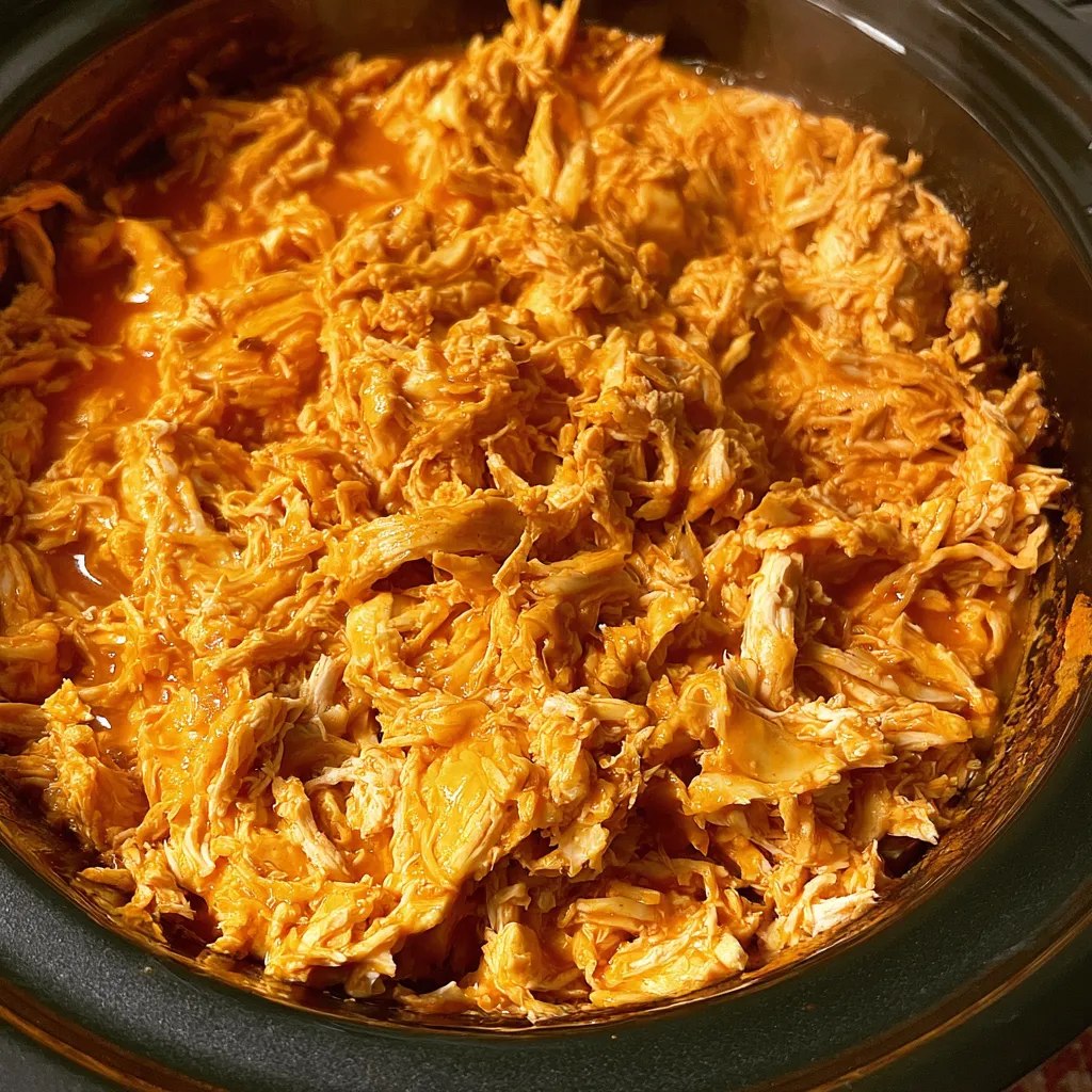 Crock-Pot-Buffalo-Chicken-step-by-step Shredded chicken in a rich, orange sauce, slow-cooked, tender texture, warm and inviting appearance.