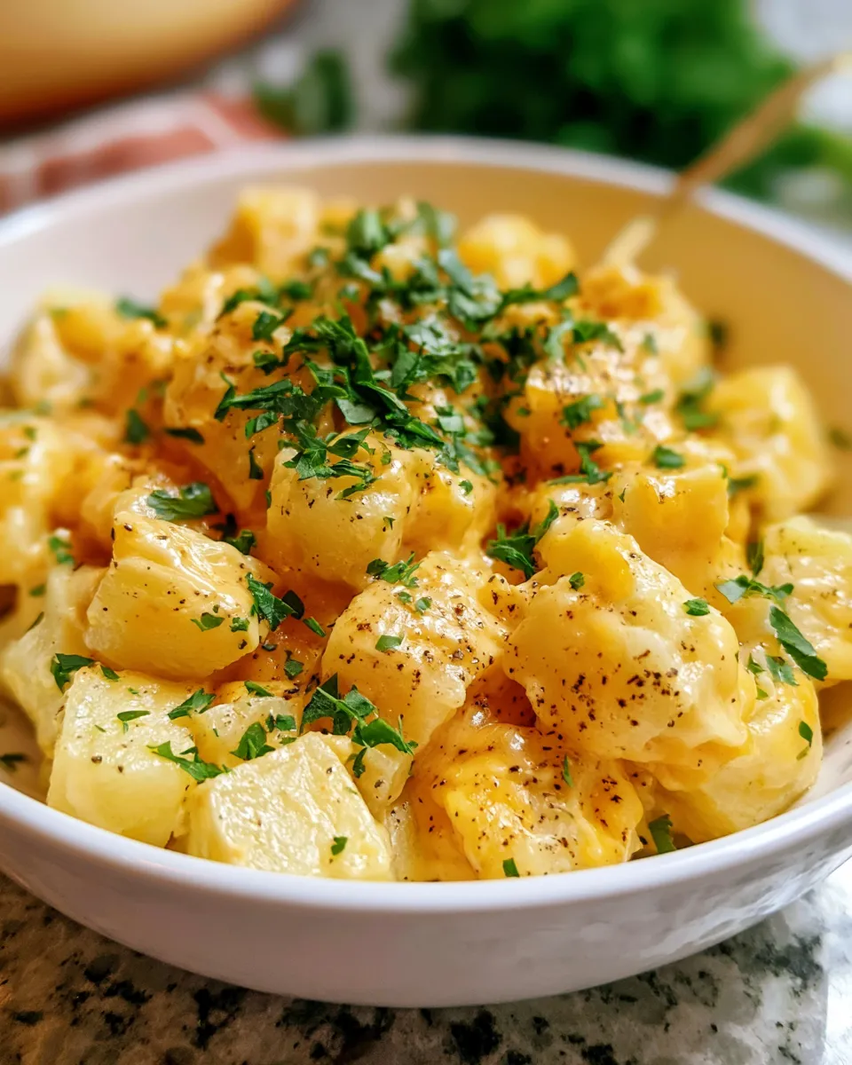 Creamy pasta dish with chopped parsley, featuring al dente pasta, yellow cheese sauce, and black pepper.