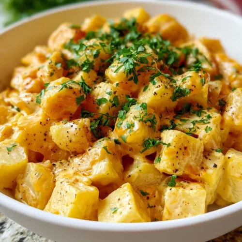 Crockpot-Cheesy-Potatoes, garnished with parsley, served in a white bowl, looking hearty and golden.