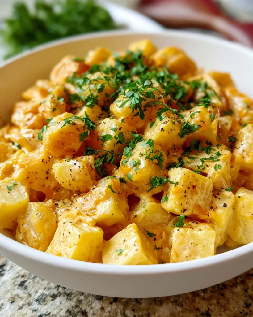Crockpot-Cheesy-Potatoes, garnished with parsley, served in a white bowl, looking hearty and golden.