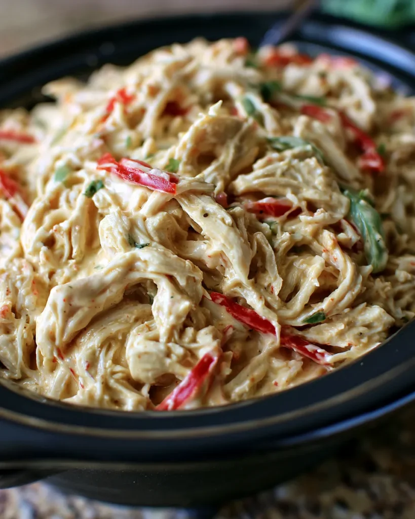 Creamy shredded chicken salad with red and green bell peppers; served in a black bowl, garnished with herbs.