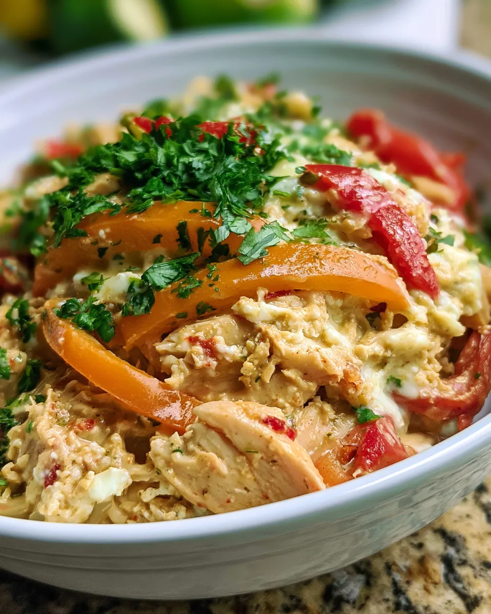 Creamy chicken and rice dish topped with bell peppers and parsley, garnished, served in a white bowl.