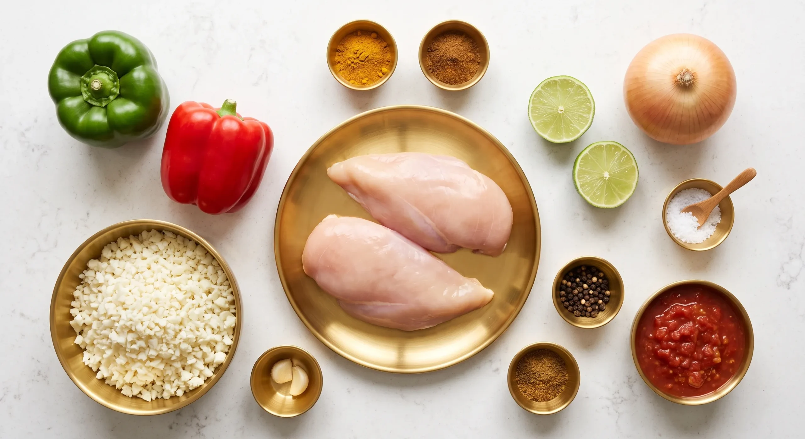 Chicken breasts, colorful bell peppers, spices, and limes arranged for meal prep, with cauliflower rice in a bowl.