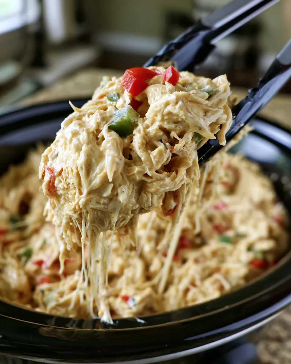 Creamy, cheesy shredded chicken with bell peppers, served from a slow cooker.