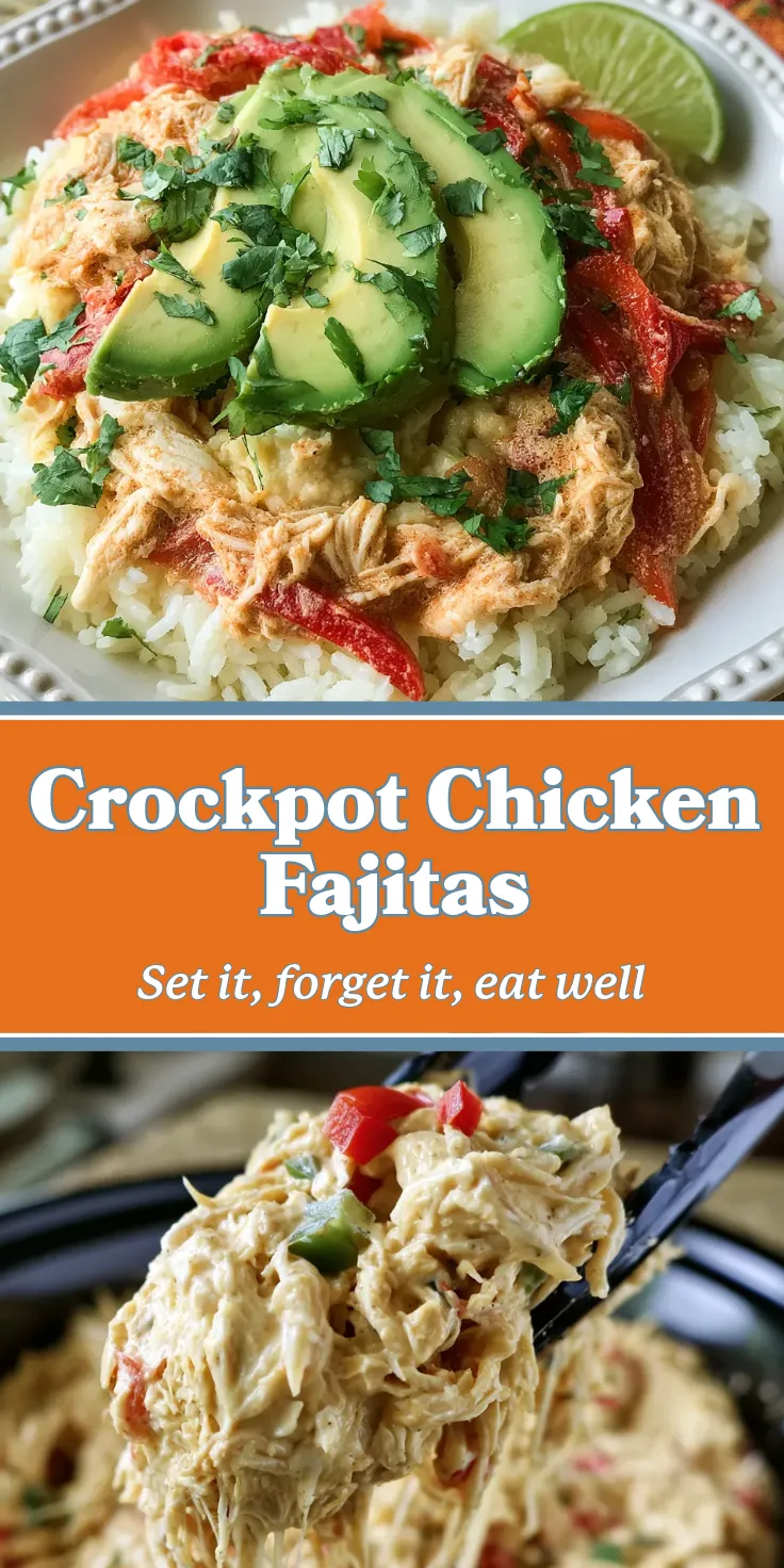 Slow-cooked chicken fajitas with red pepper, avocado slices, and cilantro served over rice, garnished with lime.