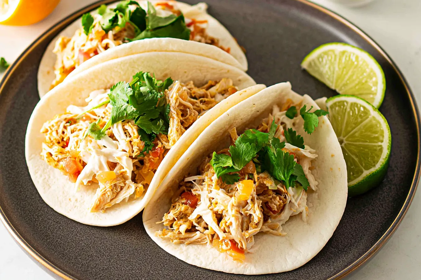 Crockpot Chicken Tacos_2 Close-up view of three shredded chicken tacos in soft flour tortillas on a dark gray plate, garnished with shredded white cheese and fresh cilantro, with two lime wedges resting on the side.