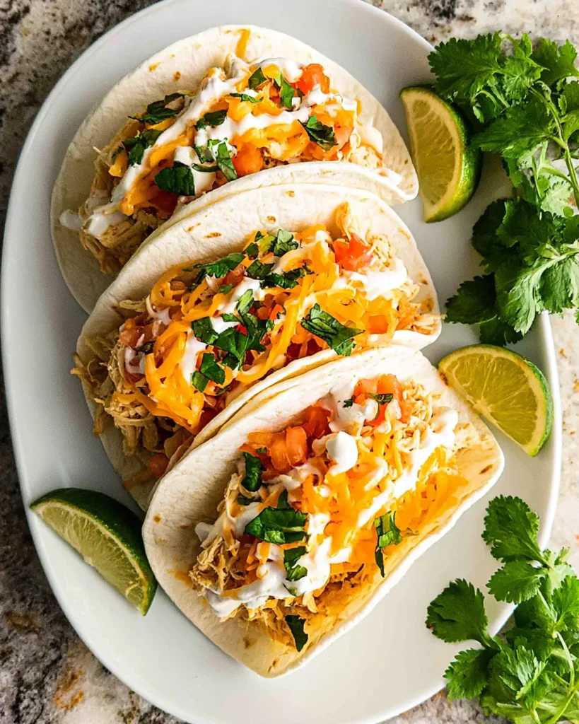 Overhead view of three assembled shredded chicken tacos in soft flour tortillas on a white oval platter, generously topped with shredded cheddar cheese, diced tomatoes, sour cream, and chopped cilantro, alongside fresh lime wedges.